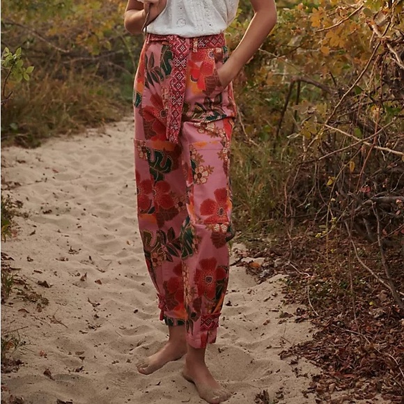 Farm Rio Esperanza Trousers Floral Patchwork Pants with Tie Waist - Picture 2 of 6